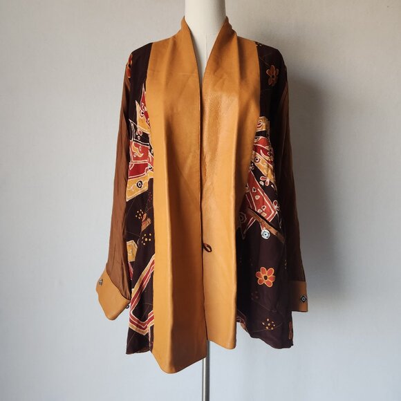 Vintage Nadya Bali Handmade Leather Batik Tribal Reversible Jacket Brown - Picture 2 of 16